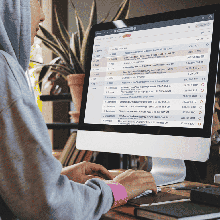 Computer screen showing email inbox with accident documents and bills on a desk