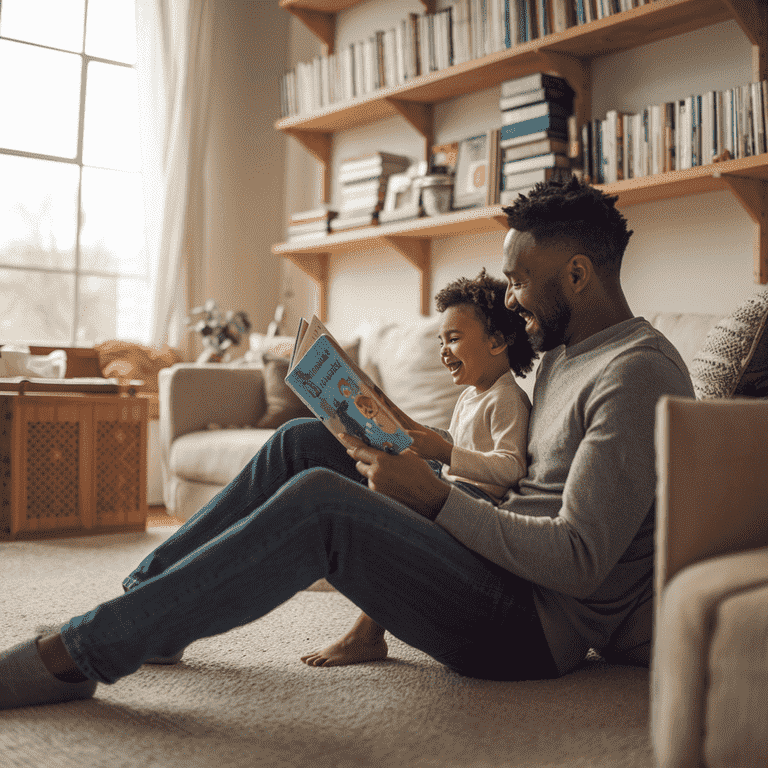 Father and child playing together in a cozy living room, showcasing their close relationship