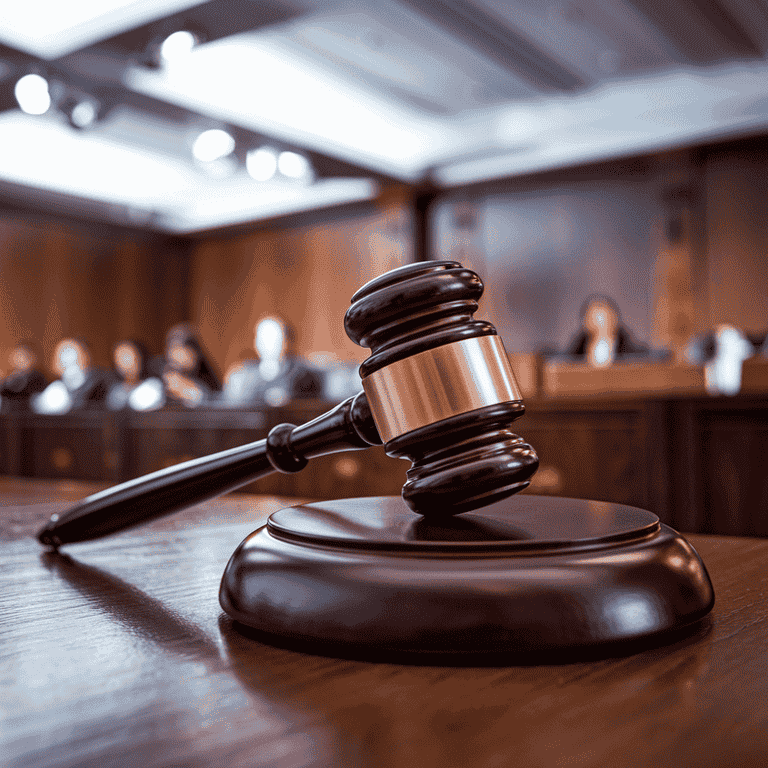 Close-up of a gavel on a judge's bench, symbolizing the conclusion of a court hearing.