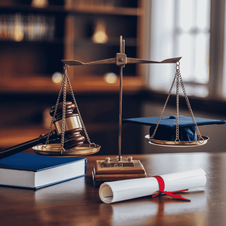 Scale balancing a judge's gavel and a graduation cap