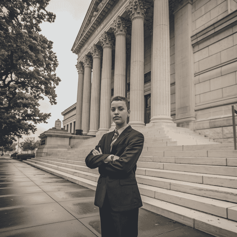 Confident teenager in front of courthouse with scales of justice symbol