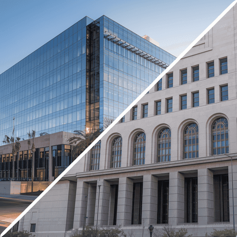 Split image of Clark County Family Court and federal courthouse with military insignia