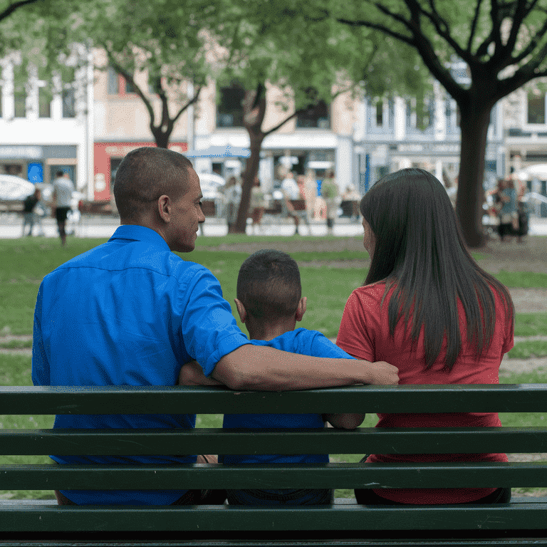 Father, mother, and child sitting together in a park, smiling and spending time as a family.