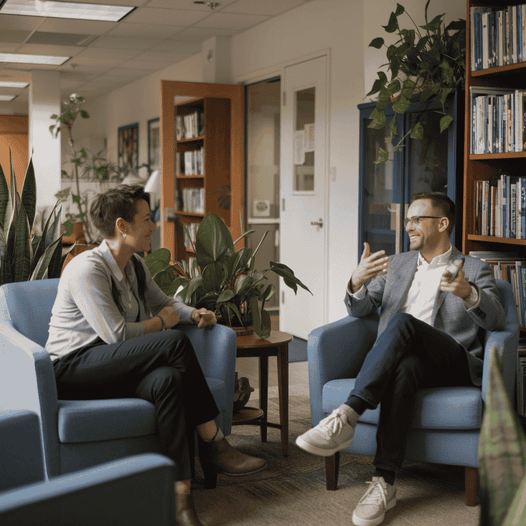 A lawyer and client having a friendly and open conversation in an office, highlighting the importance of personal compatibility.