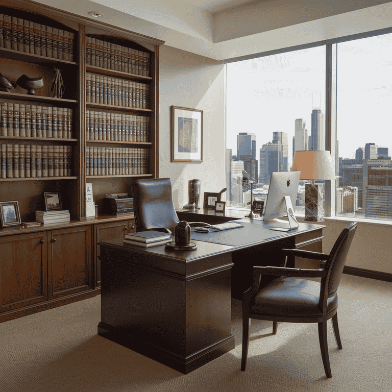 Lawyer's office with desk, law books, and city view