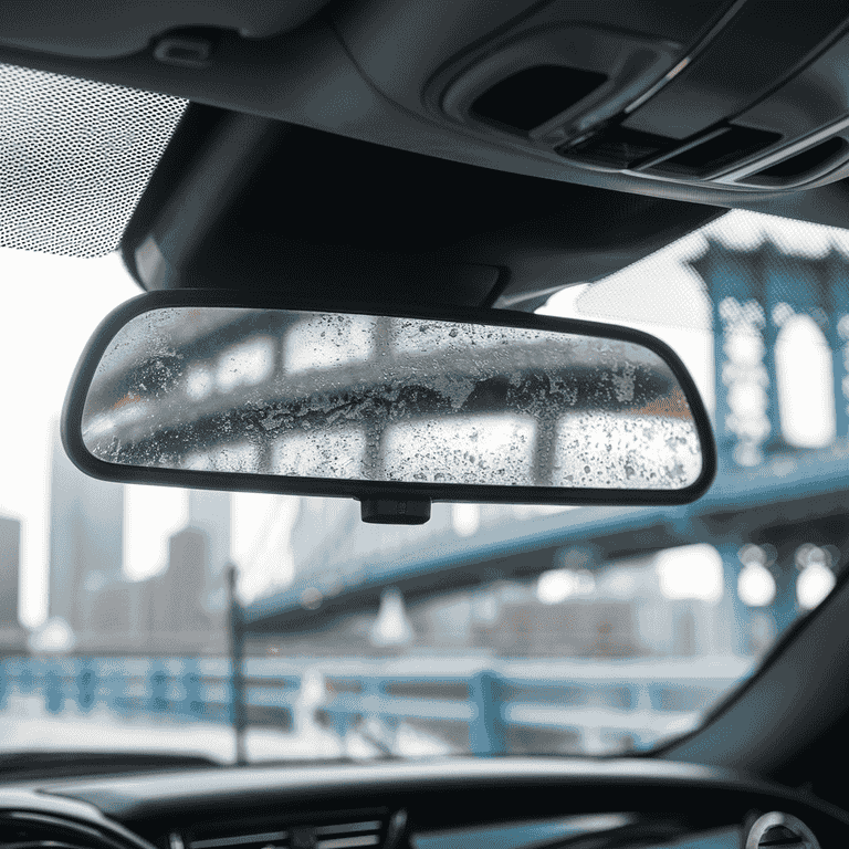 A blurred cityscape reflected in a car's rearview mirror, representing the impact of license suspension.