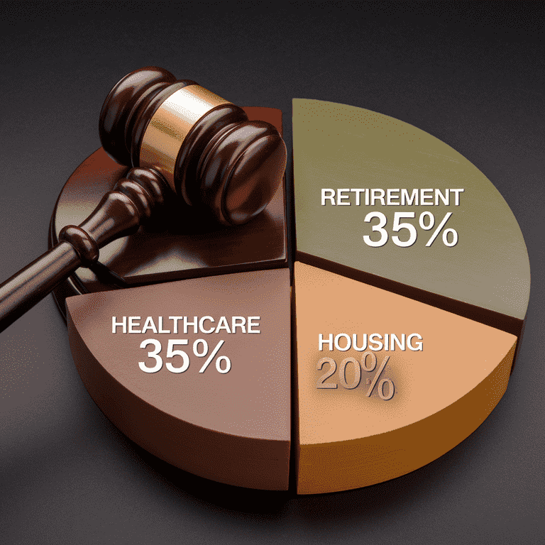 Pie chart of military benefits with a gavel symbolizing division in divorce