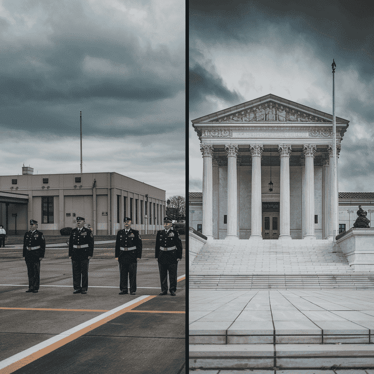 Split image of a military base and courthouse representing military divorce complexities