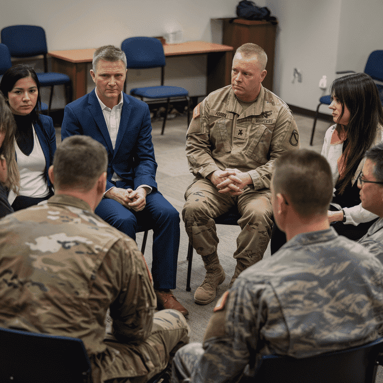 Mixed group of military and civilian individuals in a support group session