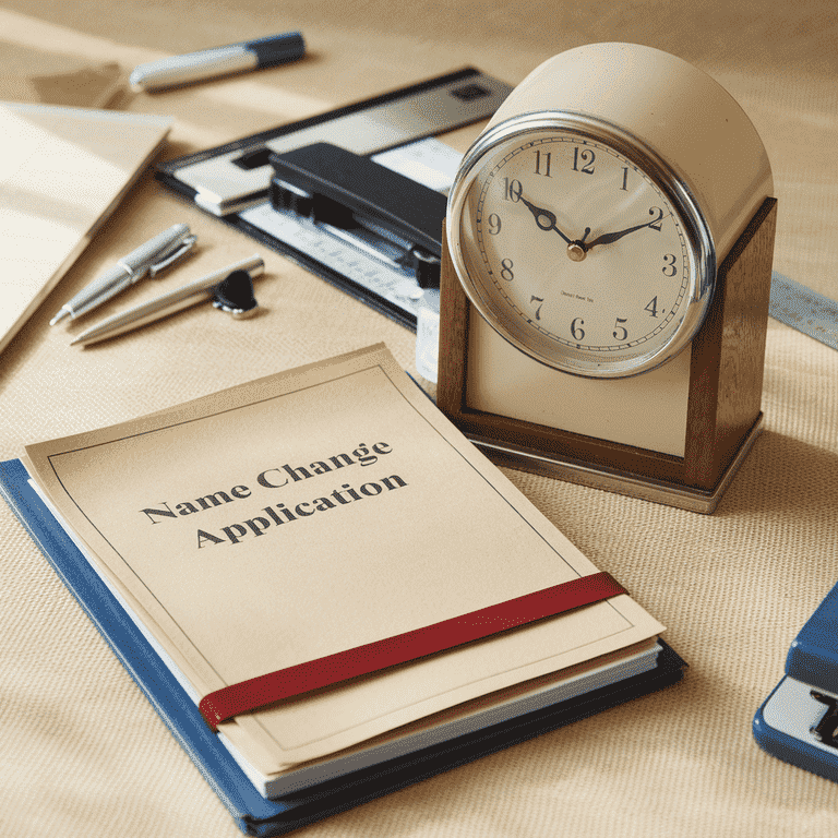 A clock next to official documents representing the time it takes to complete the name change process in Las Vegas.