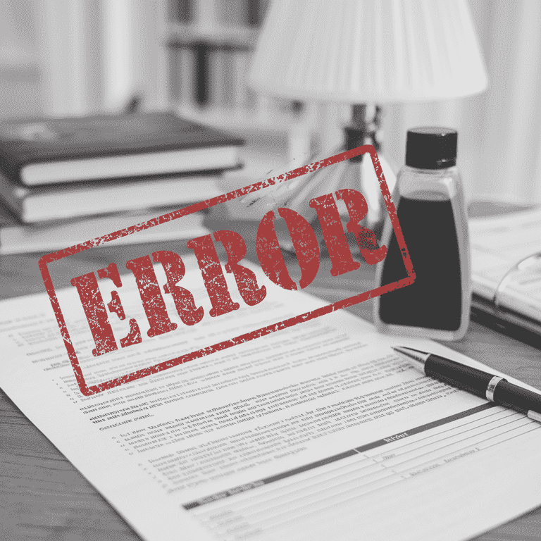 A document marked with an 'error' stamp, next to a pen and correction fluid, representing common mistakes in the name change process.