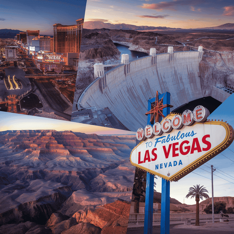 Nevada landmarks collage with child's backpack representing ties to the state