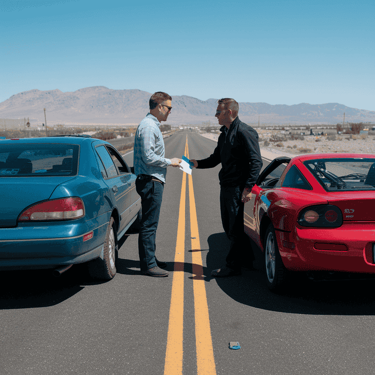 Two people exchanging insurance information after a car accident in Nevada