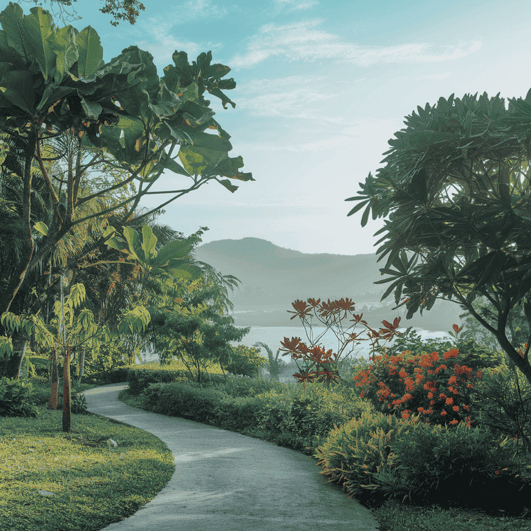 A tranquil garden path representing the journey of estate planning in Nevada, with lush greenery and soft lighting.