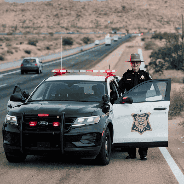 Nevada Highway Patrol officer on duty beside patrol car