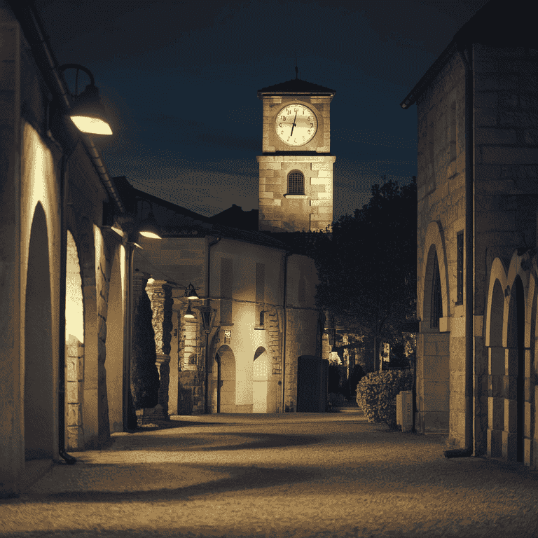 Empty street at night with clock tower showing 11:30 PM