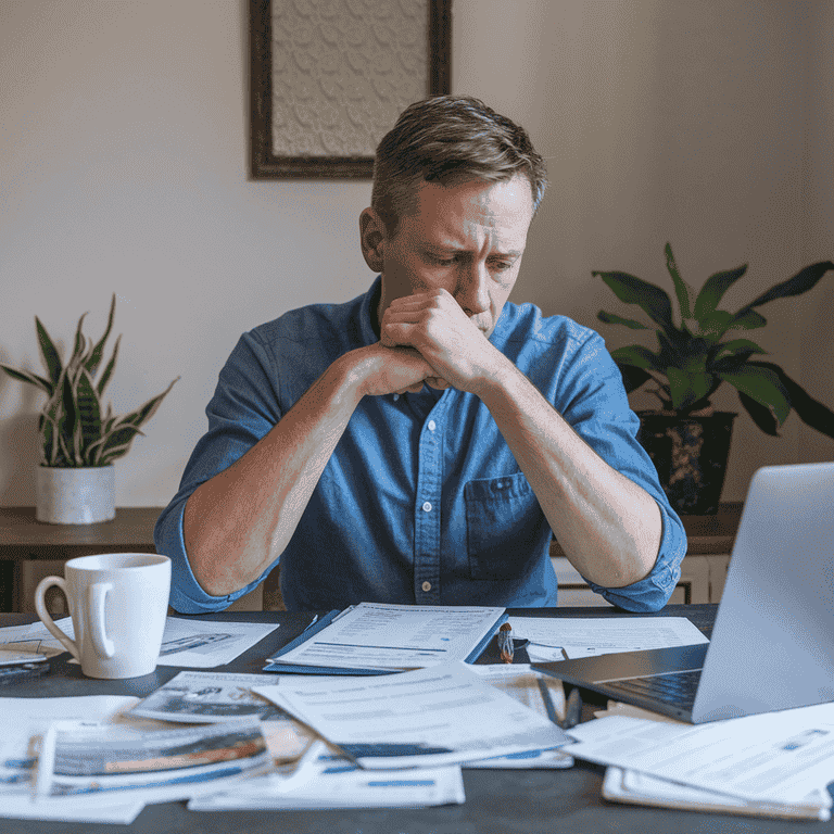 A concerned parent reviewing bills and paperwork at a kitchen table, representing the challenges of not receiving child support.