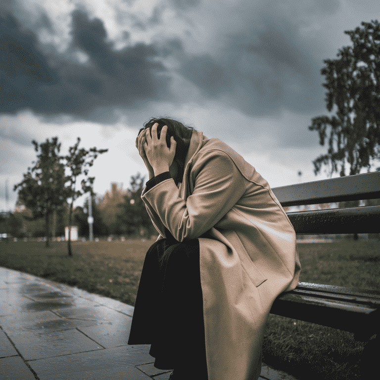 Person showing signs of stress and anxiety on a park bench