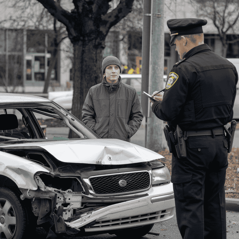 Individual assessing the damage after a reckless driving accident with a police officer present.