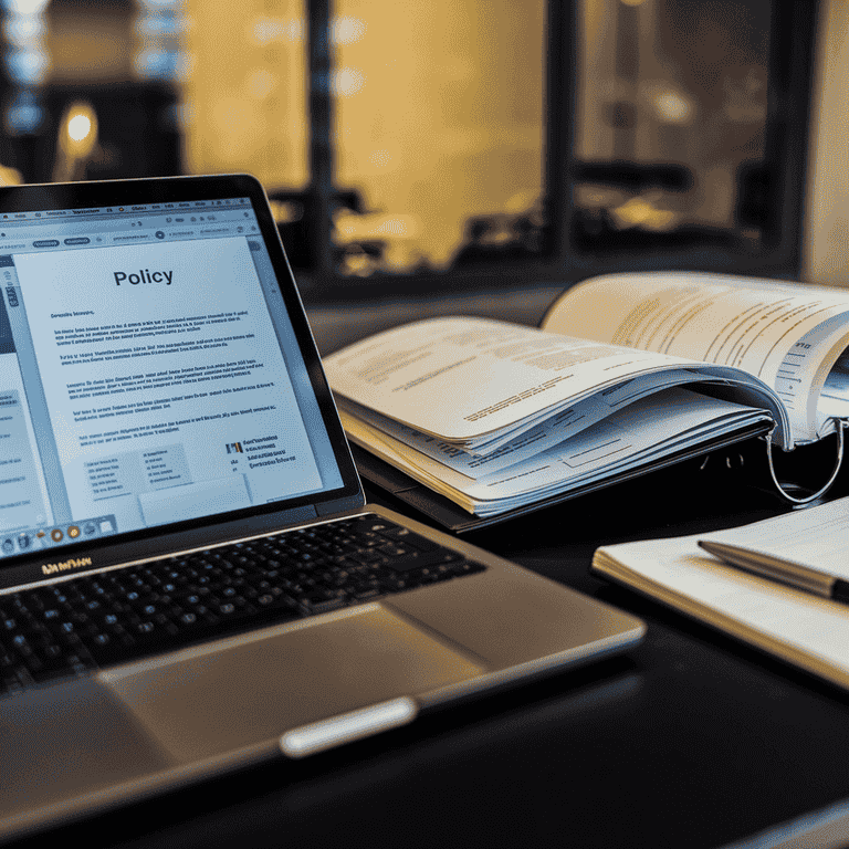 An open laptop displaying policy documents on a desk with an open binder and pen.