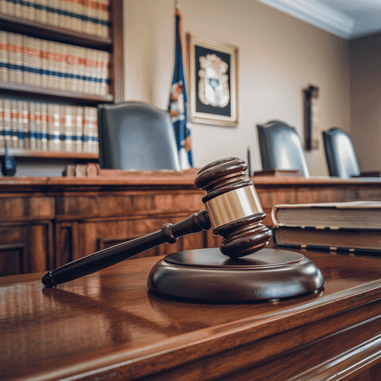 A gavel on a judge's bench, representing the judicial authority in child support enforcement.