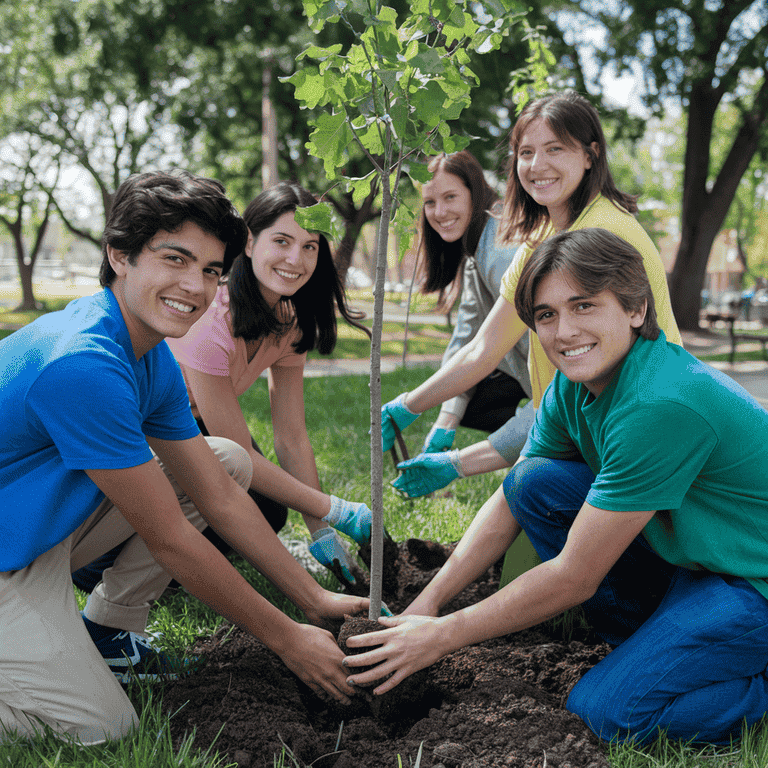 Teenagers working together to plant trees in a community park