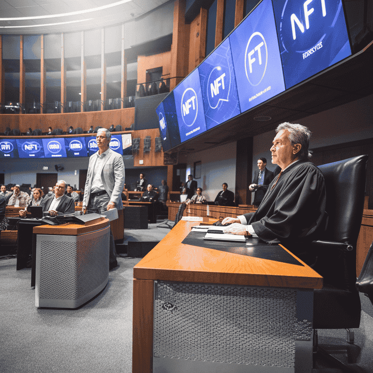 Courtroom with digital screens showing NFT symbols, representing potential legal challenges in NFT gambling.