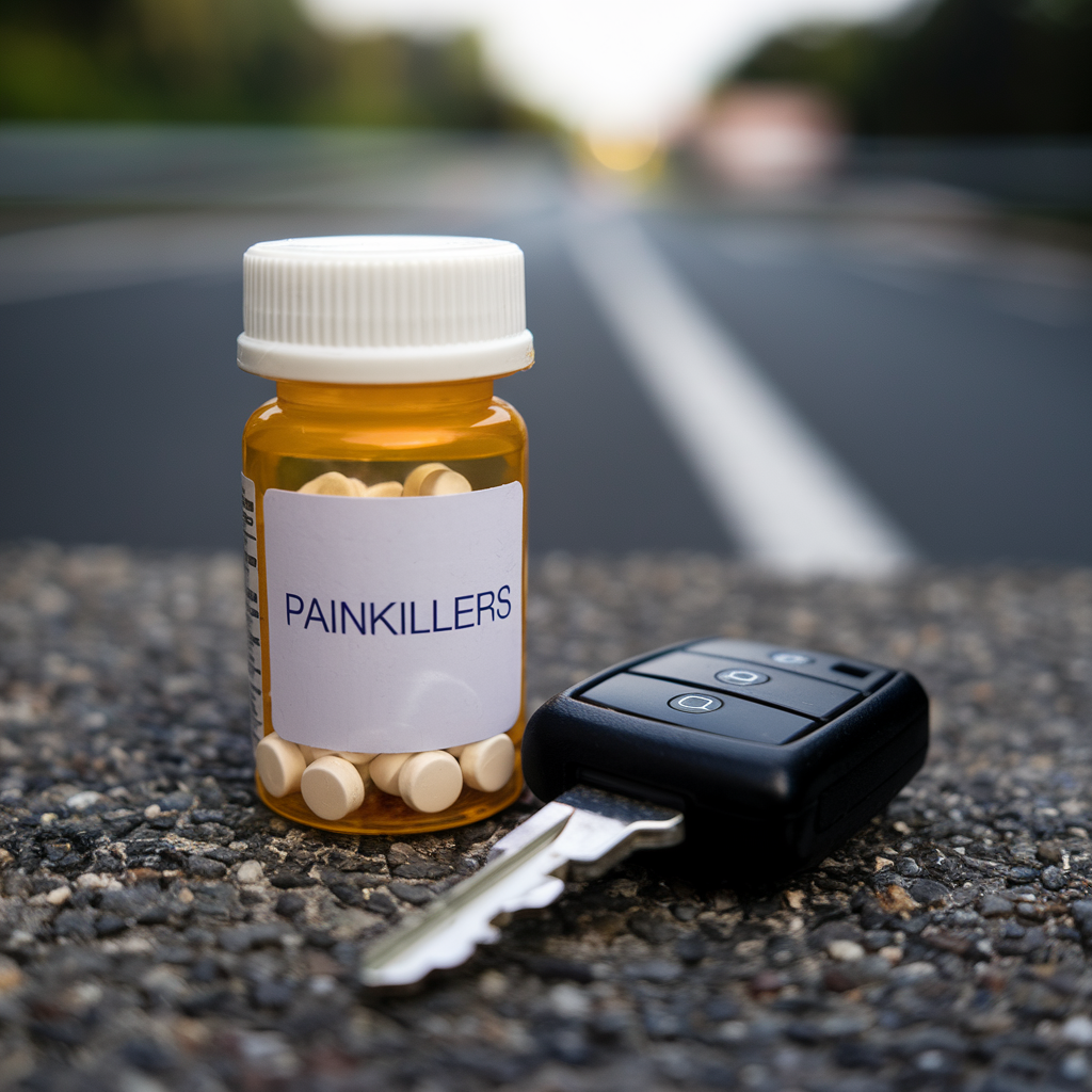 Prescription painkiller bottle with car key, representing the risk of driving under the influence.