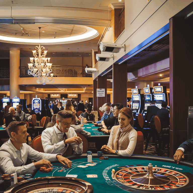 Casino patrons playing games with surveillance cameras subtly visible in the background.