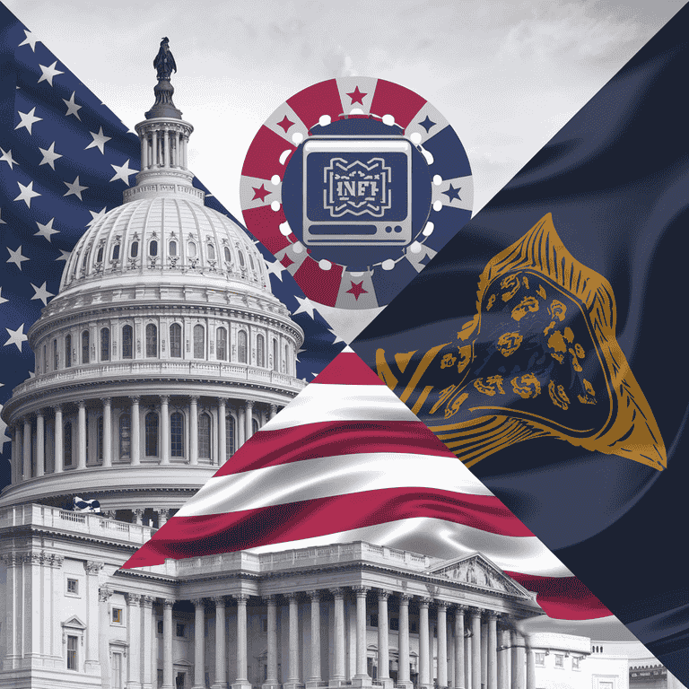 U.S. Capitol and Nevada state flag with digital icons of NFTs and gambling, illustrating federal and state regulations impacting NFT gambling.