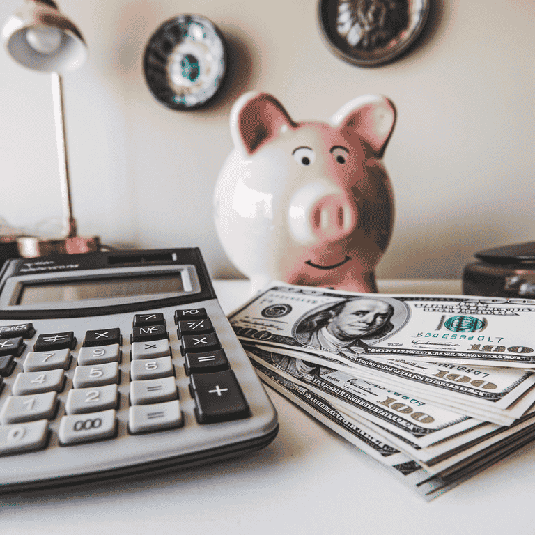 Calculator beside stacked currency with piggy bank in background