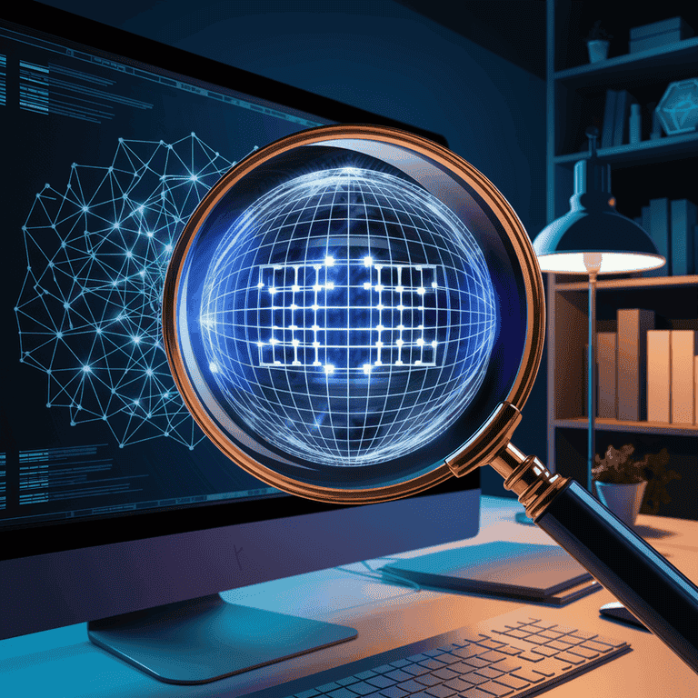 Magnifying glass analyzing interconnected blockchain nodes