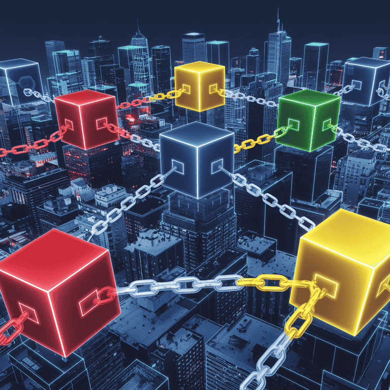 A digital illustration of blockchain technology enhancing data security in a smart city.