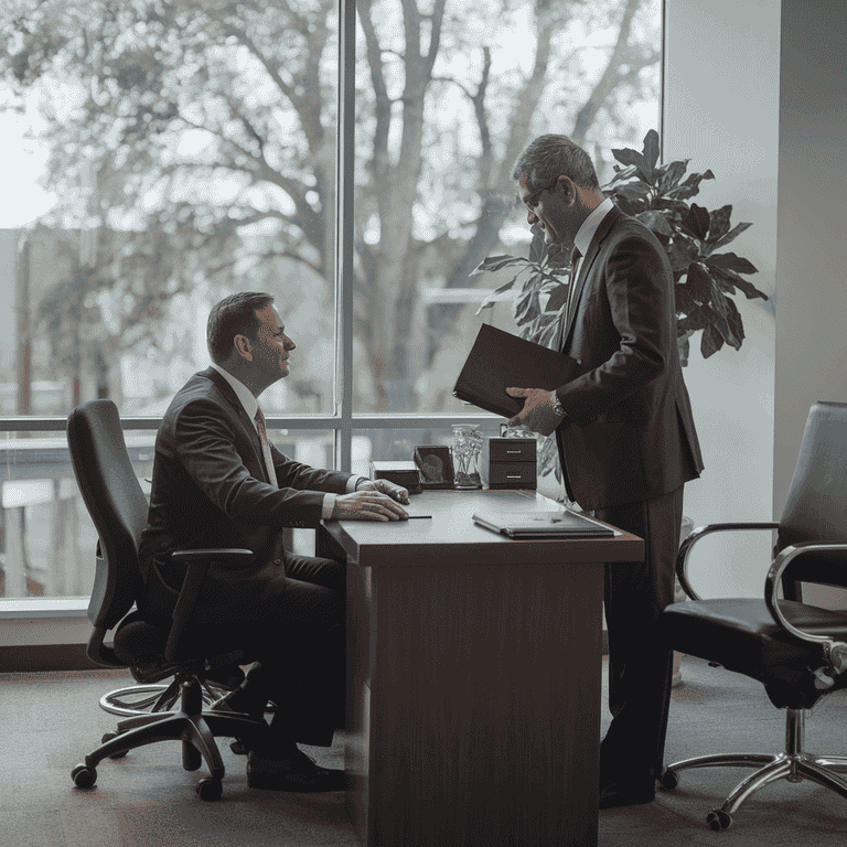 A casino manager consulting with an attorney about surveillance laws in a professional office setting.