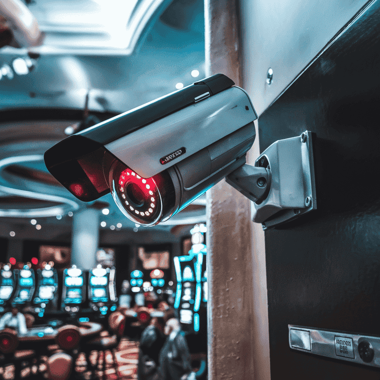 A security camera in a casino monitoring the gaming floor.