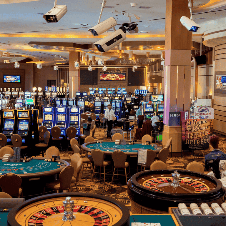 A busy casino floor with visible surveillance cameras and security staff monitoring activities.