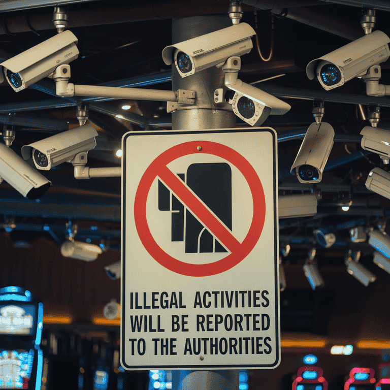 Surveillance system with a warning symbol highlighting legal risks for non-compliance.