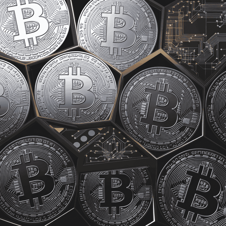 Fragmented blockchain with Bitcoin symbols, symbolizing the challenges in Bitcoin forensics.