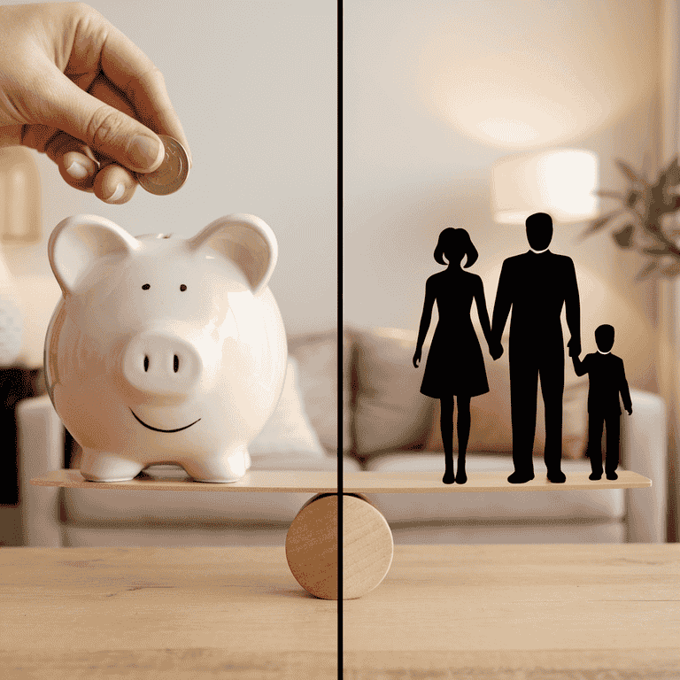 Piggy bank and family silhouette balanced on a scale, representing child support and custody modifications