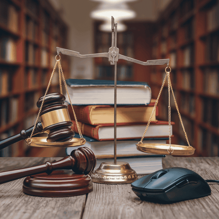 Balance scale with a gavel and computer mouse, representing civil legal actions in cyberstalking cases