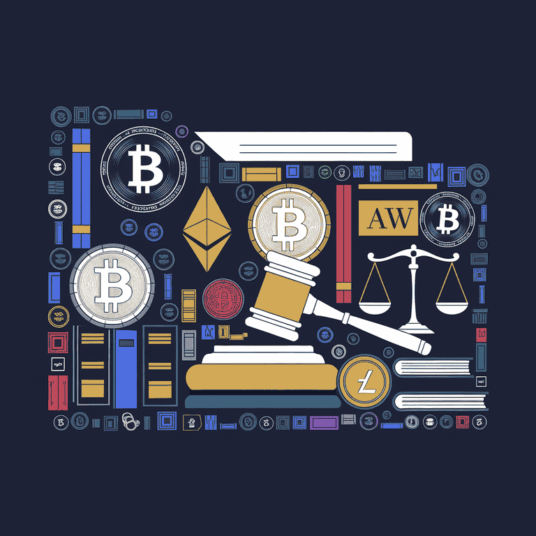 Cryptocurrency symbols and legal icons arranged in a case file shape