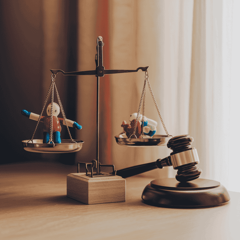 Scale balancing a child's teddy bear and a judge's gavel, symbolizing the delicate process of determining child custody