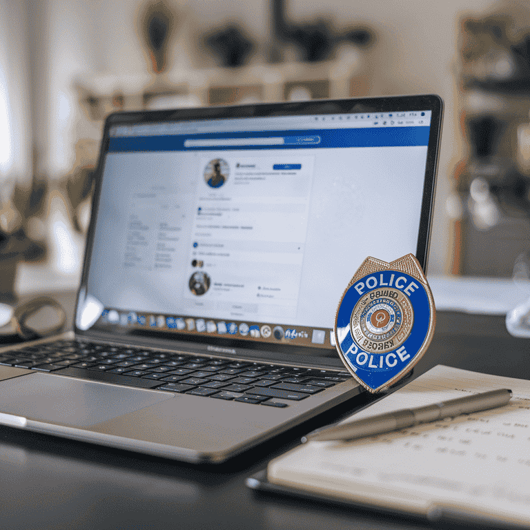  Police badge beside a laptop showing a social media page, representing law enforcement's role in cyberbullying cases