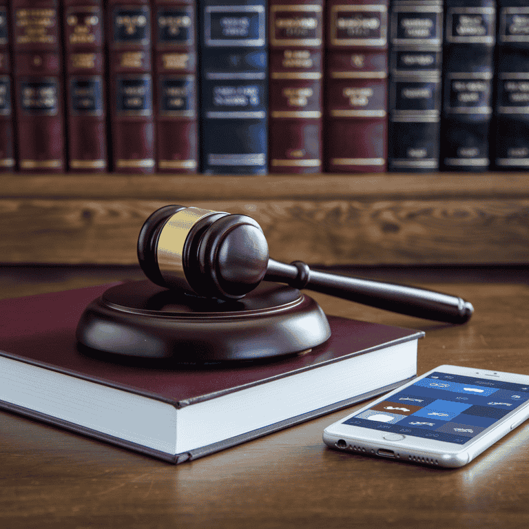 Gavel and law book with smartphone showing social media