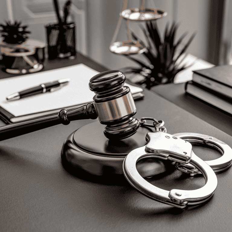  Gavel and handcuffs on a wooden desk, representing legal consequences for cyberstalking