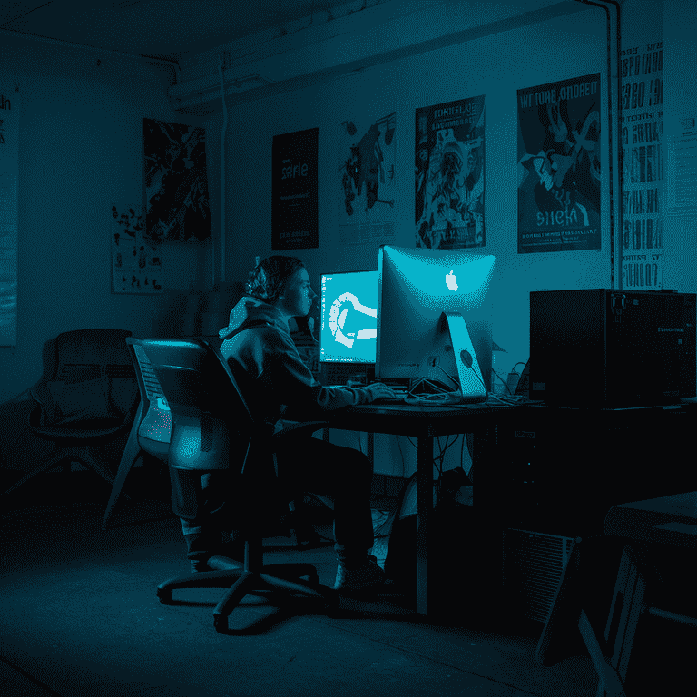 Person sitting alone in a dark room, illuminated by a computer screen, representing the emotional impact of cyberstalking.