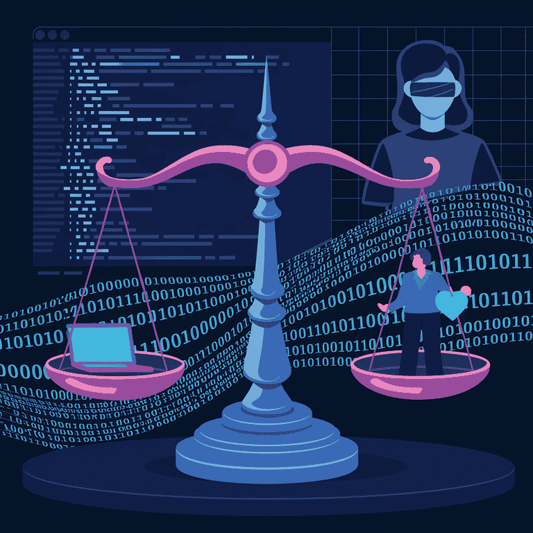 Digital scale of justice with binary code, representing recent developments in cyberstalking laws