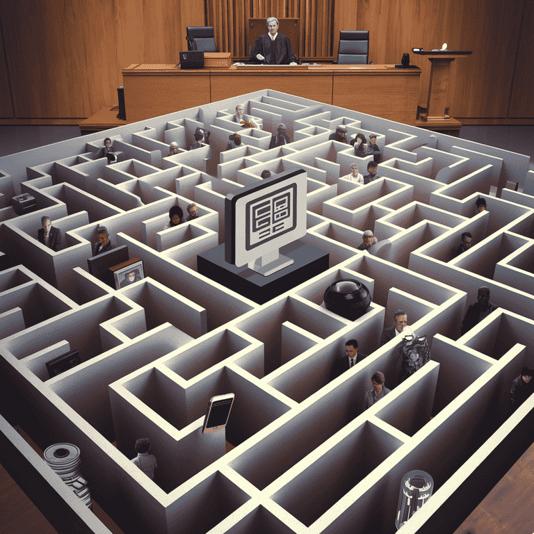  Complex maze with a computer icon at the center, illustrating challenges in cyberstalking prosecution