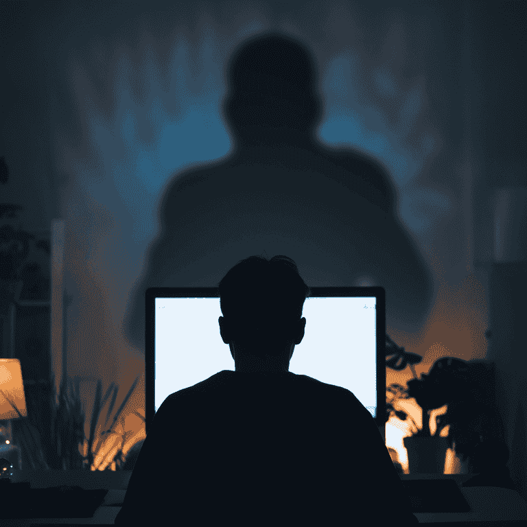 Silhouette of a person at a computer with a shadowy figure in the background, symbolizing cyberstalking.