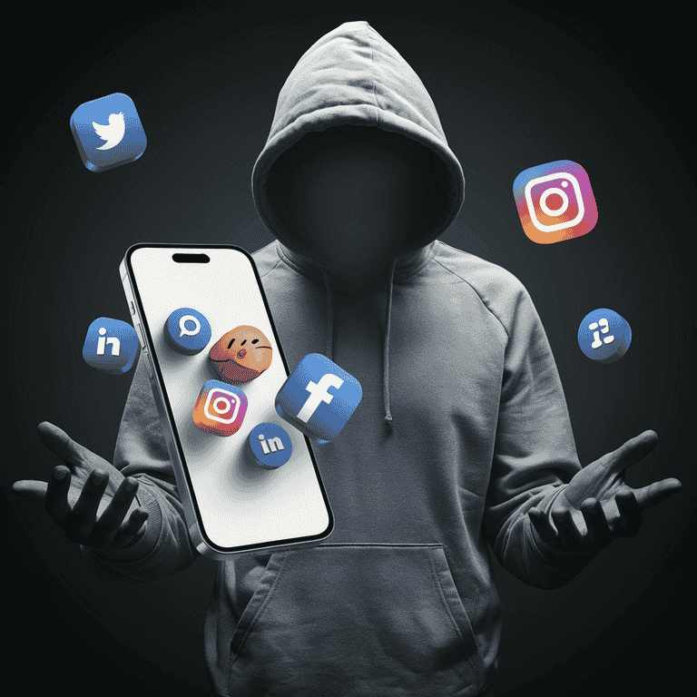 Digital collage illustrating cyberstalking elements with social media icons and a shadowy figure